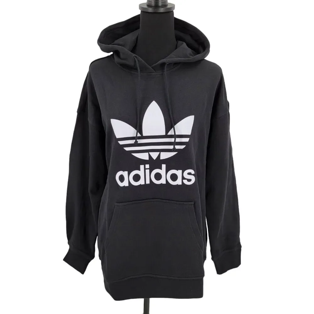 Adidas Originals Hoodie Womens Large Black White Trefoil Pullover Sweatshirt NEW - Picture 7 of 16